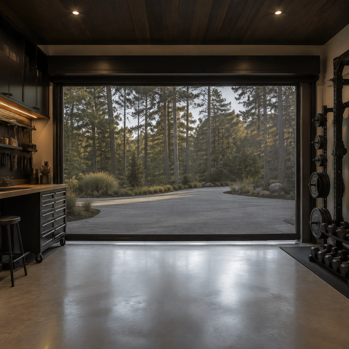 Full-width motorized retractable garage screen on a residential garage.