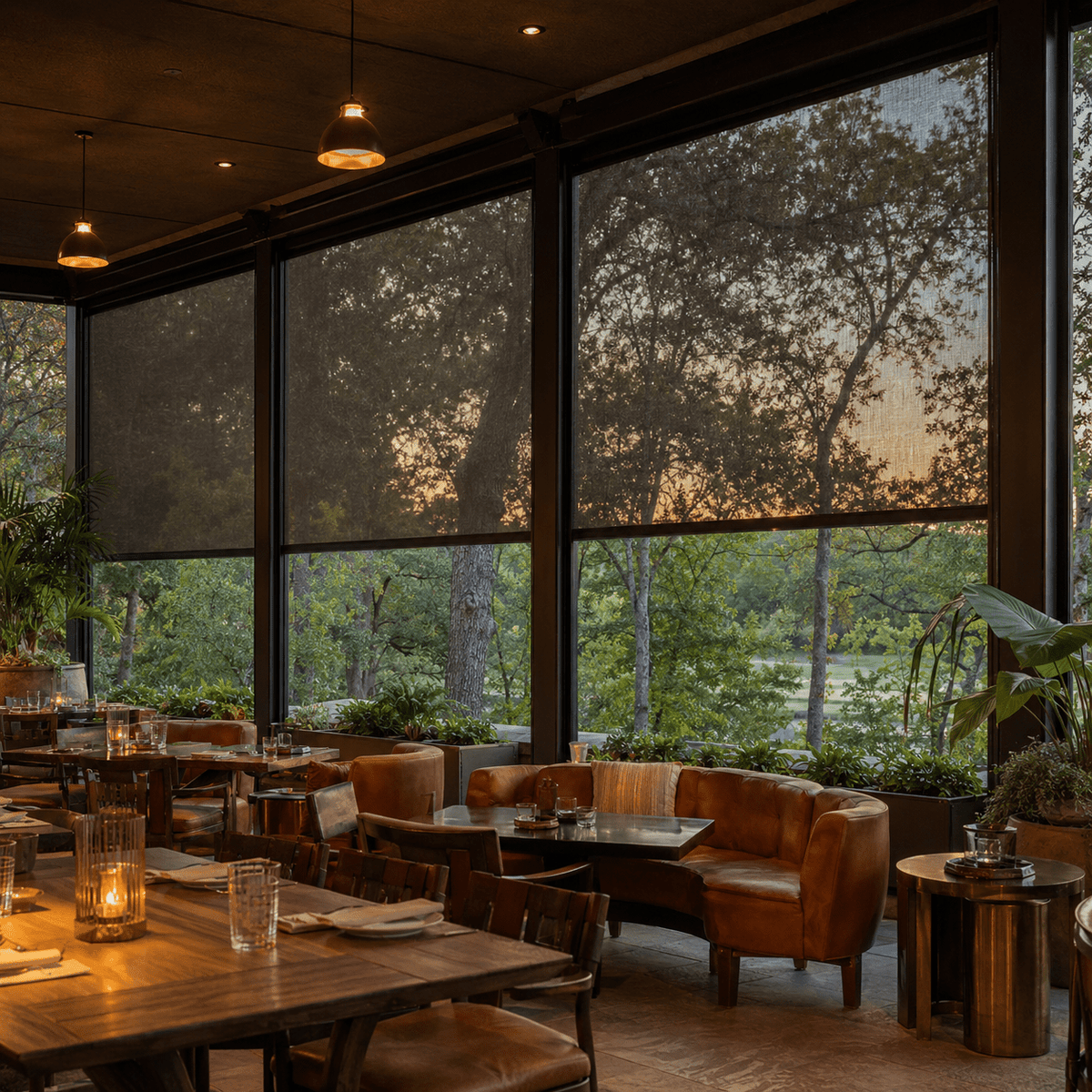 Motorized retractable screens enclosing an upscale restaurant patio.
